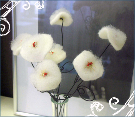 DIY Handmade Winter White Flowers Cotton, Batting Glass Beads