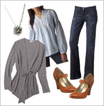 Style Board, Fashion Inspiration, Wardrobe Ideas, Mary Janes, Grey Cardigan, Pendant, Tan, Blue Stripe Blouse, Collar Shirt, Cold Weather, Fall