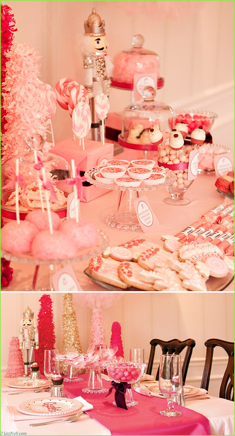 Holiday, Christmas, Tablescape, Dessert Bar Buffet, Red, White Stripe, Candy Dessert, Cake, Gingerbread Men, Nutcracker, Pink