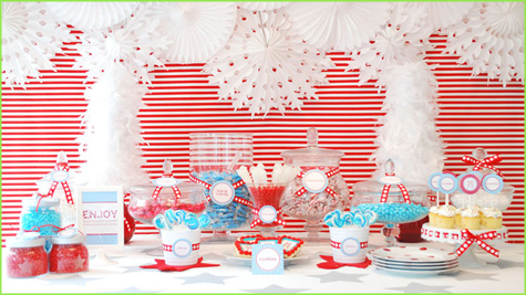 Holiday, Christmas, Tablescape, Dessert Bar Buffet, Red, White Stripe, Candy Dessert, Cake, Gingerbread Men, Aqua, Red, Pink