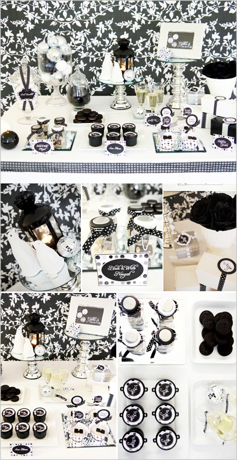 New Year's Eve Modern Contemporary Dinner Party Inspiration Decor Decoration, Glitter, Shiny, Black White Silver