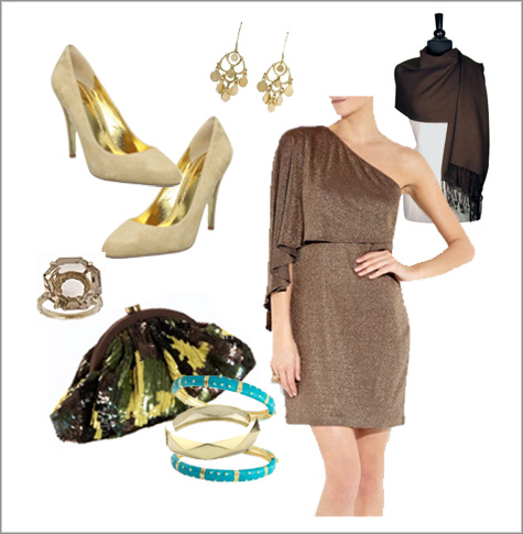 Party Inspiration, Holiday, Christmas, Hannukah, Black Tie Wardrobe, Fashion, Gold Dress, Turquoise, Teal, Brown, Ideas Style Board