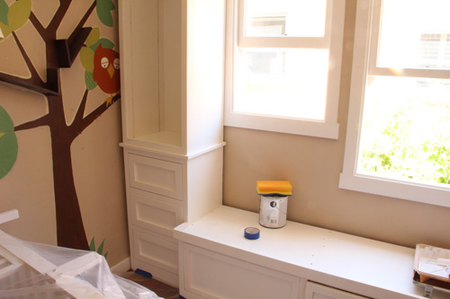 New Nursery Built-In Bookshelves | Painting & Caulking | PepperDesignBlog.com