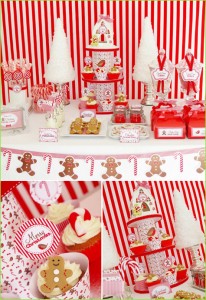 Holiday, Christmas, Tablescape, Dessert Bar Buffet, Red, White Stripe, Candy Dessert, Cake, Gingerbread Men