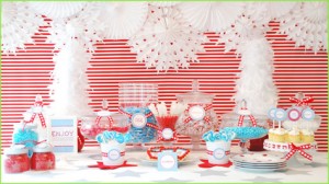 Holiday, Christmas, Tablescape, Dessert Bar Buffet, Red, White Stripe, Candy Dessert, Cake, Gingerbread Men, Aqua, Red, Pink