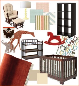 Red, Blue, Baby Blue, Green, Pastel, Orange, Terracotta, Burnt Orange, Burgundy, Rust Nursery Inspiration, Expedit, Brown Crib, Jenny Lind Changing Table, fabric decals, wallpaper decals, animals, giraffe, elephant, glider, inspiration board, stripes, yellow lamp, tan, vintage ABC poster, rocking horse, red