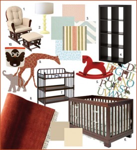 Red, Blue, Baby Blue, Green, Pastel, Orange, Terracotta, Burnt Orange, Burgundy, Rust Nursery Inspiration, Expedit, Brown Crib, Jenny Lind Changing Table, fabric decals, wallpaper decals, animals, giraffe, elephant, glider, inspiration board, stripes, yellow lamp, tan, vintage ABC poster, rocking horse, red