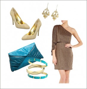 Gold One Shouldered Dress, Asymetrical, Turquoise Clutch, Gold earrings, Nude pumps, bangles, Inspiration Board, Style Board, Wardrobe, Christmas Party Inspiration, Fashion, What to Wear
