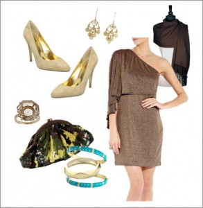 Party Inspiration, Holiday, Christmas, Hannukah, Black Tie Wardrobe, Fashion, Gold Dress, Turquoise, Teal, Brown, Ideas Style Board
