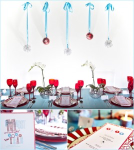 Red Aqua Teal Turqoise White Holiday Christmas Table Tablescape, Placesettings, Modern, Design Decor Decoration Inspiration