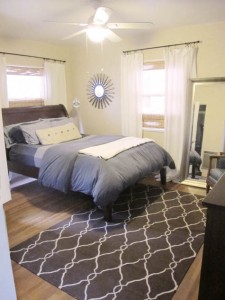 Master Bedroom Renovation, decoration, inspiration, DIY, patterned rug, before and after, design, sunburst mirror, tall mirror, oversize mirror, over-sized mirror, white curtains, valencia bed