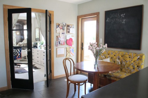 Kitchen Breakfast Table | Tufted Bench, Giant Chalkboard, Black French Doors | PepperDesignBlog.com
