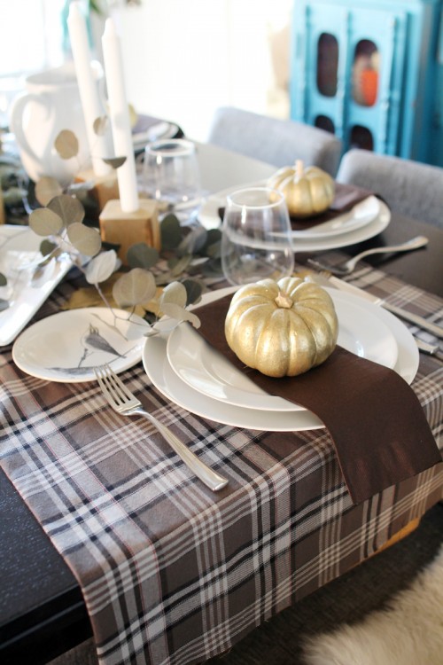 Plaid Thanksgiving Table | Wooden Bedpost Candlesticks, Glitter Gold Pumpkins, Brown, Black, Tan Plaid Tablescape | PepperDesignBlog.com