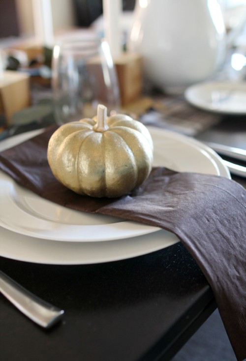 Plaid Thanksgiving Table | Wooden Bedpost Candlesticks, Glitter Gold Pumpkins, Brown, Black, Tan Plaid Tablescape | PepperDesignBlog.com