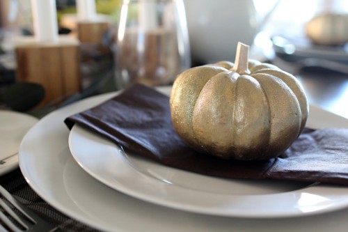 Plaid Thanksgiving Table | Wooden Bedpost Candlesticks, Glitter Gold Pumpkins, Brown, Black, Tan Plaid Tablescape | PepperDesignBlog.com