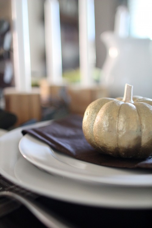 Plaid Thanksgiving Table | Wooden Bedpost Candlesticks, Glitter Gold Pumpkins, Brown, Black, Tan Plaid Tablescape | PepperDesignBlog.com
