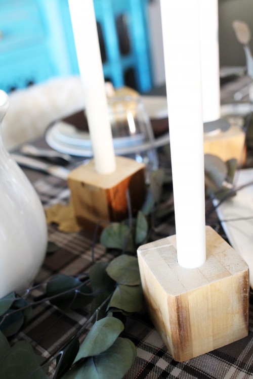 Plaid Thanksgiving Table | Wooden Bedpost Candlesticks, Glitter Gold Pumpkins, Brown, Black, Tan Plaid Tablescape | PepperDesignBlog.com