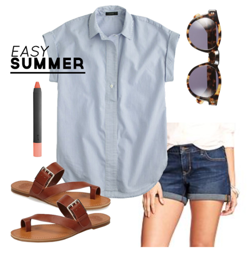 Wardrobe Style Board: Easy Summer | Striped Popover Shirt, Denim Rolled Shorts, Brown Sandals, Coral Lipstick | PepperDesignBlog.com