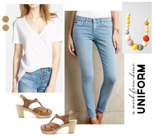 Wardrobe Style Board: A Stay-At-Home Mom Uniform | Cropped Light Jeans, Tan Sven Clogs, White Madewell V-Neck T-Shirt, Colorful Necklace, Gold Earrings | PepperDesignBlog.com